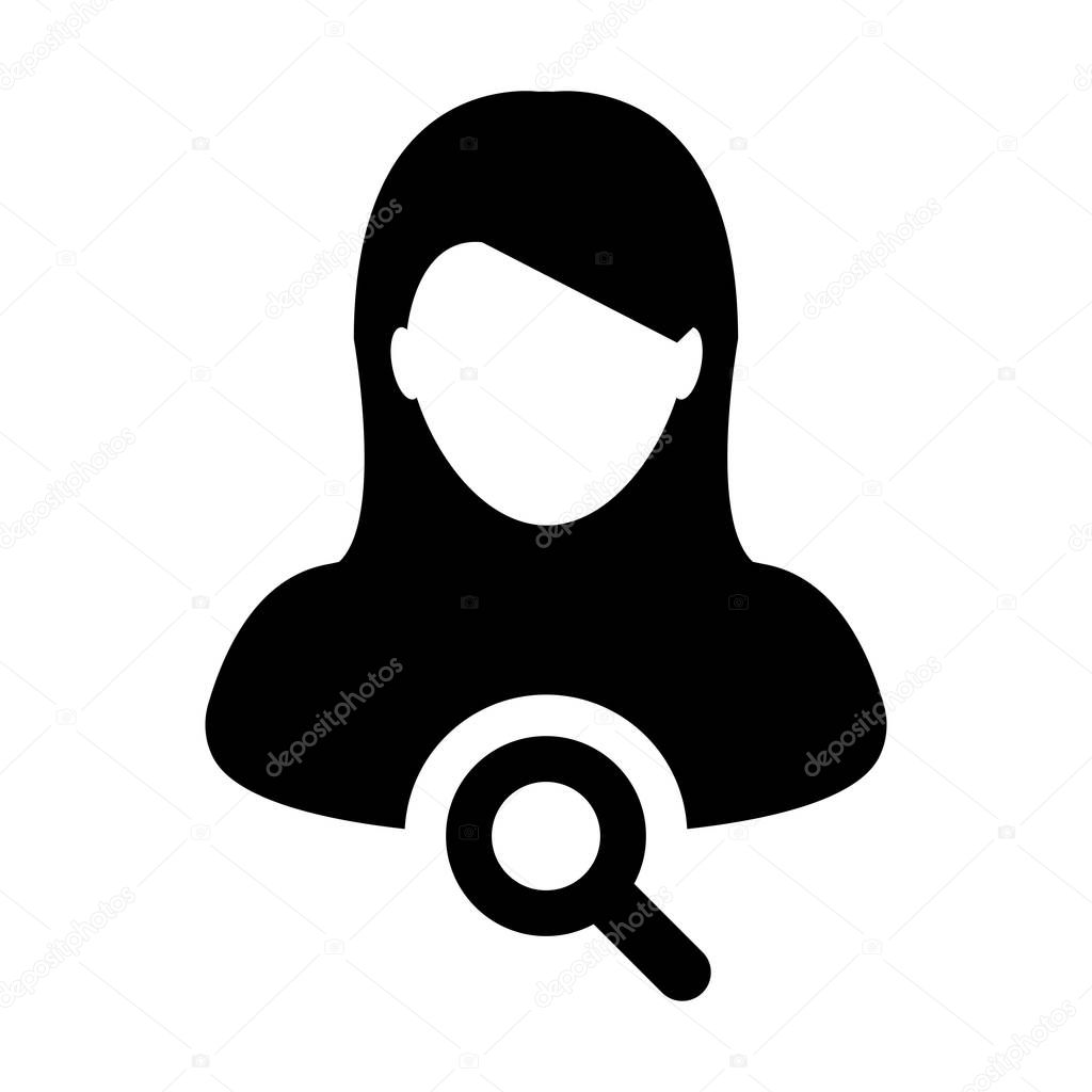 Job search icon vector female user person profile avatar symbol with magnifying glass in flat color glyph pictogram illustration
