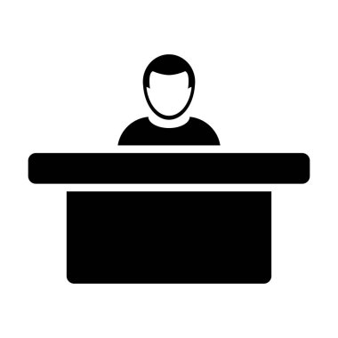 Resepsiyon ve kalacak yer düz renk glif piktogram illüstrasyon için tablo olan otel simge vektör erkek kişi avatar simge