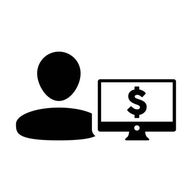 Bilgisayar monitör ekran ve dolar işareti glif piktogram sembol çizimde düz renk ile Kullanıcı simge vektör erkek kişi avatar
