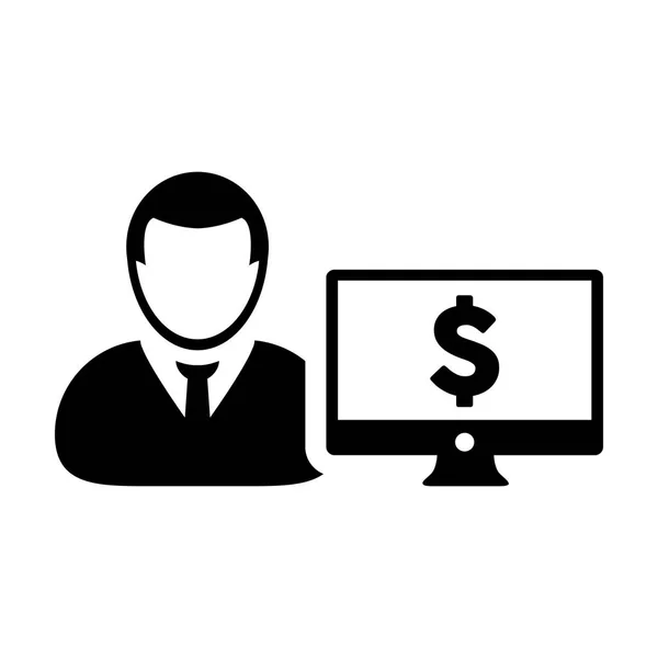 Business icon vector male user person profile avatar with computer monitor and dollar sign currency money symbol for banking and finance business in flat color glyph pictogram illustration