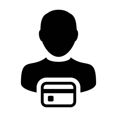 Ödeme simge vektör erkek Kullanıcı kişi profili avatar sembolü bankacılık ve finans düz renk glif piktogram illüstrasyon kavramı için banka kartı ile