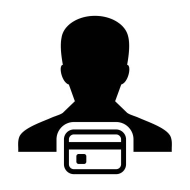 Perakende simge vektör erkek Kullanıcı kişi profili avatar sembolü bankacılık ve finans düz renk glif piktogram illüstrasyon kavramı için banka kartı ile