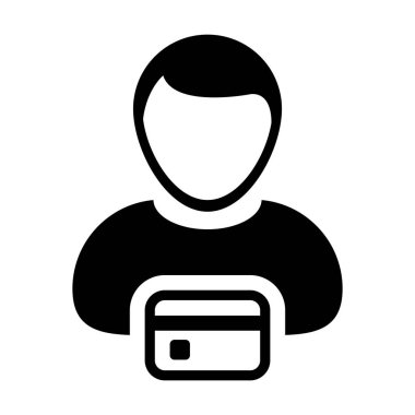 e-ticaret simge vektör erkek Kullanıcı kişi profili avatar sembolü bankacılık ve finans düz renk glif piktogram illüstrasyon kavramı için banka kartı ile
