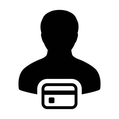 İşlem simge vektör erkek Kullanıcı kişi profili avatar sembolü bankacılık ve finans düz renk glif piktogram illüstrasyon kavramı için banka kartı ile