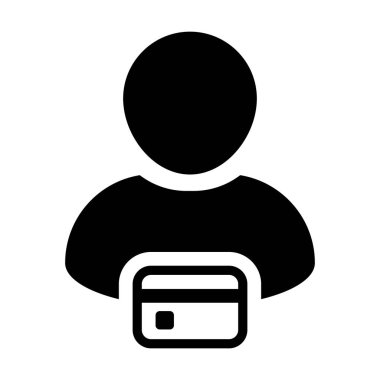Finans simgesi vektör erkek Kullanıcı kişi profili avatar sembolü ile banka kartı bankacılık ve düz renk glif piktogram illüstrasyon kavramı