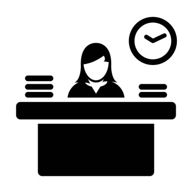 Düz renk glif piktogram çizimde simge vektör kadın kişi avatar sembol ofis işgal için tablo ile çalışma