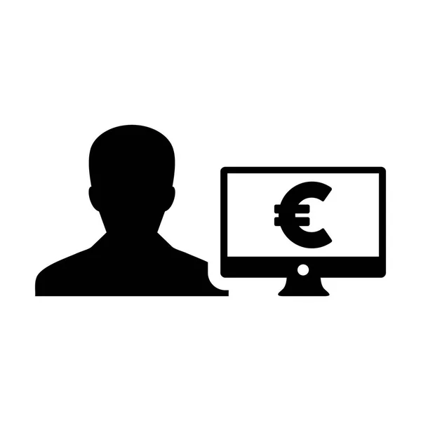 Market icon vector male user person profile avatar with computer monitor and euro sign currency money symbol for banking and finance business in flat color