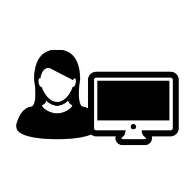 Kişi simge vektör kadın Kullanıcı bilgisayar monitör ekran avatar glif piktogram sembol çizimde düz renk ile