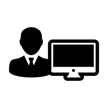 Office simge vektör erkek kişi Kullanıcı bilgisayar monitör ekran avatar glif piktogram sembol çizimde düz renk ile