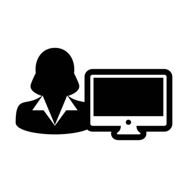 Bilgisayar simge vektör kadın kişi Kullanıcı bilgisayar monitör ekran avatar glif piktogram sembol çizimde düz renk ile