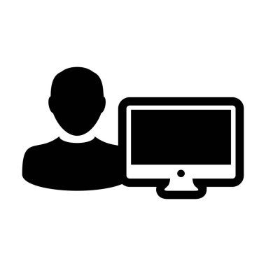 Alt simge vektör erkek kişi Kullanıcı bilgisayar monitör ekran avatar glif piktogram sembol çizimde düz renk ile