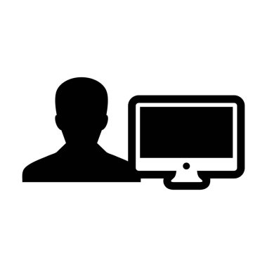 Mühendis simge vektör erkek kişi Kullanıcı bilgisayar monitör ekran avatar glif piktogram sembol çizimde düz renk ile