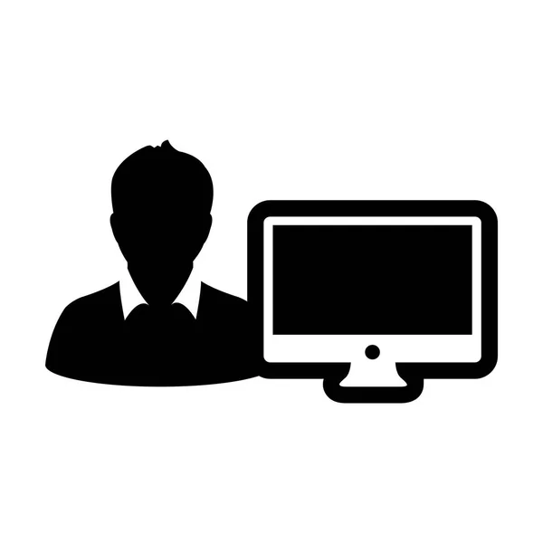 Travailleur Icône Vecteur Homme Personne Utilisateur Avec Écran Ordinateur Moniteur — Image vectorielle