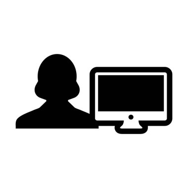 Müşteri simge vektör kadın kişi Kullanıcı bilgisayar monitör ekran avatar glif piktogram sembol çizimde düz renk ile
