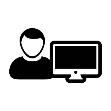 Bilgisayar simge vektör erkek kişi Kullanıcı bilgisayar monitör ekran avatar glif piktogram sembol çizimde düz renk ile