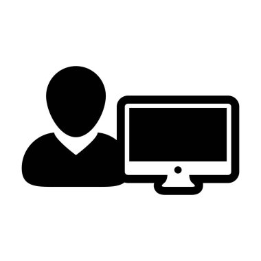 Emek simge vektör erkek kişi Kullanıcı bilgisayar monitör ekran avatar glif piktogram sembol çizimde düz renk ile