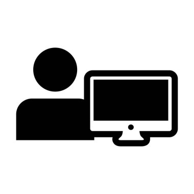 Müşteri simge vektör erkek kişi Kullanıcı bilgisayar monitör ekran avatar glif piktogram sembol çizimde düz renk ile