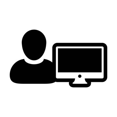 Alt simge vektör erkek kişi Kullanıcı bilgisayar monitör ekran avatar glif piktogram sembol çizimde düz renk ile