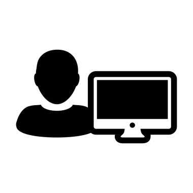Çalışan simge vektör erkek kişi Kullanıcı bilgisayar monitör ekran avatar glif piktogram sembol çizimde düz renk ile