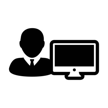 Office simge vektör erkek kişi Kullanıcı bilgisayar monitör ekran avatar glif piktogram sembol çizimde düz renk ile
