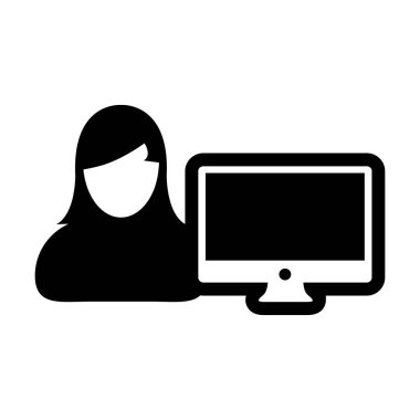 Alt simge vektör kadın kişi Kullanıcı bilgisayar monitör ekran avatar glif piktogram sembol çizimde düz renk ile
