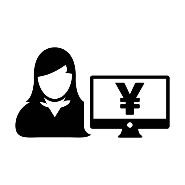 Avatar di persona femminile vettoriale icona utente con segno Yen e schermo del monitor del computer a colori piatti nell'illustrazione del simbolo del pittogramma del glifo — Vettoriale Stock