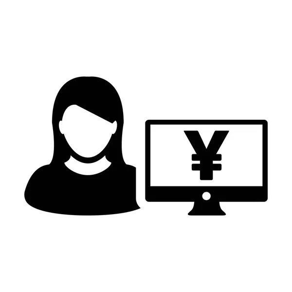 Avatar utente femminile vettoriale icona della persona con segno Yen e schermo del monitor del computer a colori piatti nell'illustrazione del simbolo del pittogramma del glifo — Vettoriale Stock