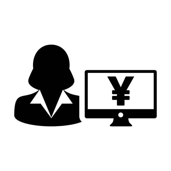 Persona utente femminile vettoriale icona Avatar con segno Yen e schermo del monitor del computer a colori piatti nell'illustrazione del simbolo del pittogramma del glifo — Vettoriale Stock