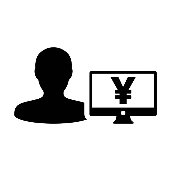 Business ikonen vektor manliga användare person profil avatar med Yen tecknet och dator monitor pengar valutasymbolen för bank och finans företag i platt färg protokollskåror piktogram illustration — Stock vektor