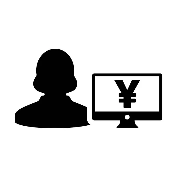 Вектор иконки женского профиля пользователя иены аватар с символом валюты монитора компьютера для банковского и финансового бизнеса в плоской иллюстрации пиктограммы цвета глифа — стоковый вектор