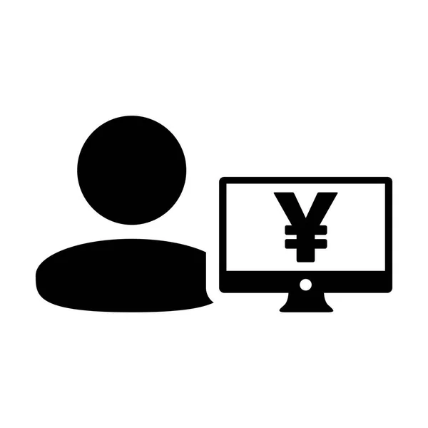 Profit icon vector male user person profile avatar with Yen sign and computer monitor currency money symbol for banking and finance business in flat color glyph pictogram illustration