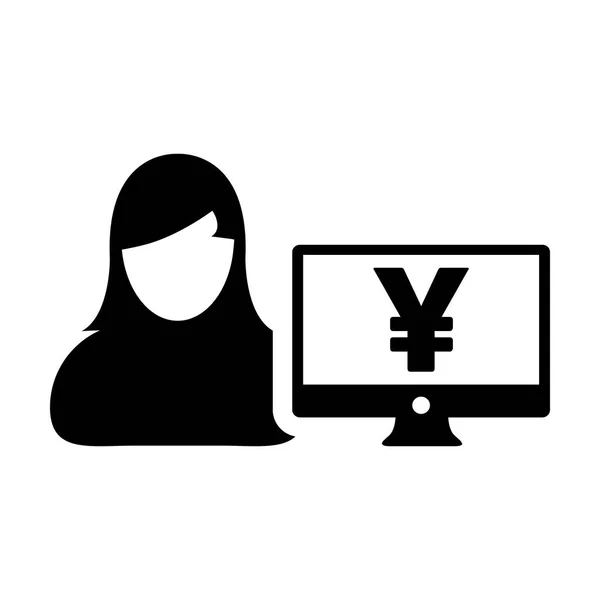 Simbolo di moneta icona vettoriale donna profilo utente avatar con monitor per computer e segno Yen simbolo di valuta per il settore bancario e finanziario in colore piatto glyph pittogramma illustrazione — Vettoriale Stock