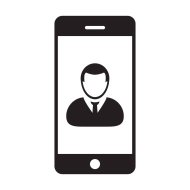 Mobil app simge vektör erkek kişi profili avatar glif piktogram resimde iletişim için smartphone simgesiyle