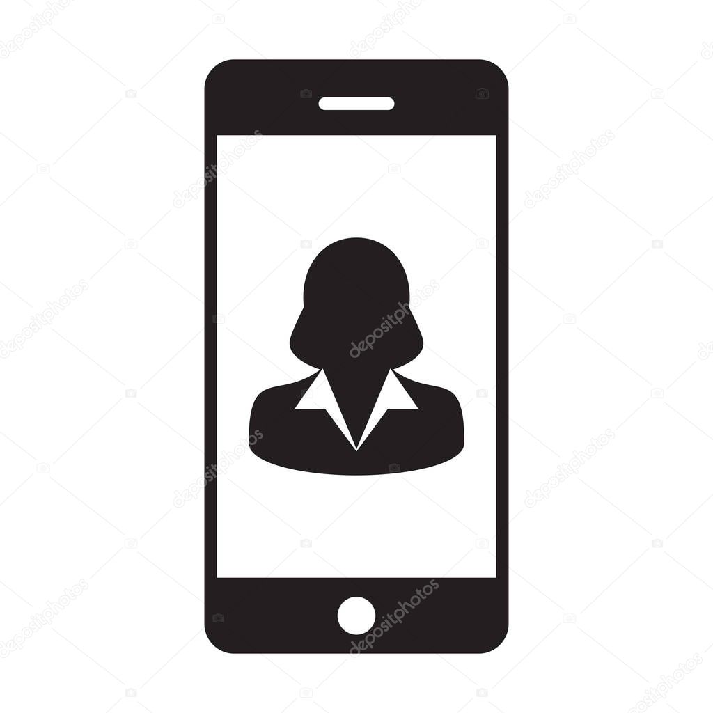 Smartphone user icon vector female person profile avatar with mobile symbol for communication in glyph pictogram illustration