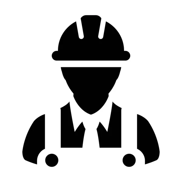 Icono de trabajador de fábrica vector hombre servicio de construcción persona perfil avatar con casco hardhat y chaqueta en ilustración pictograma glifo — Vector de stock