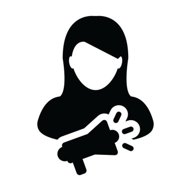 Simge vektör kadın kişi profili avatar sembolü megafon glif piktogram çizimde kampanya için reklam