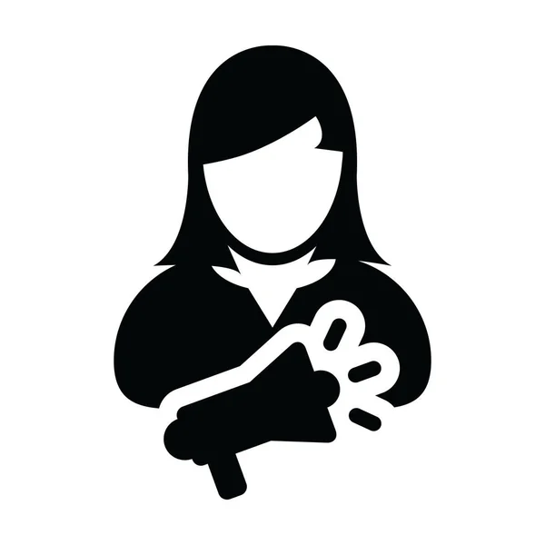 グリフ ピクトグラム イラストで人前で話すのためのメガホン スピーカー アイコン ベクトル人女性プロフィールのアバター記号 — ストックベクタ