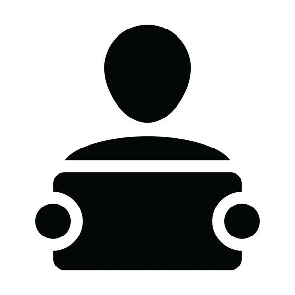 Simbolo dell'avatar del profilo della persona maschile del vettore dell'icona di comunicazione con il cartello per la campagna pubblicitaria nell'illustrazione del pittogramma del glifo — Vettoriale Stock