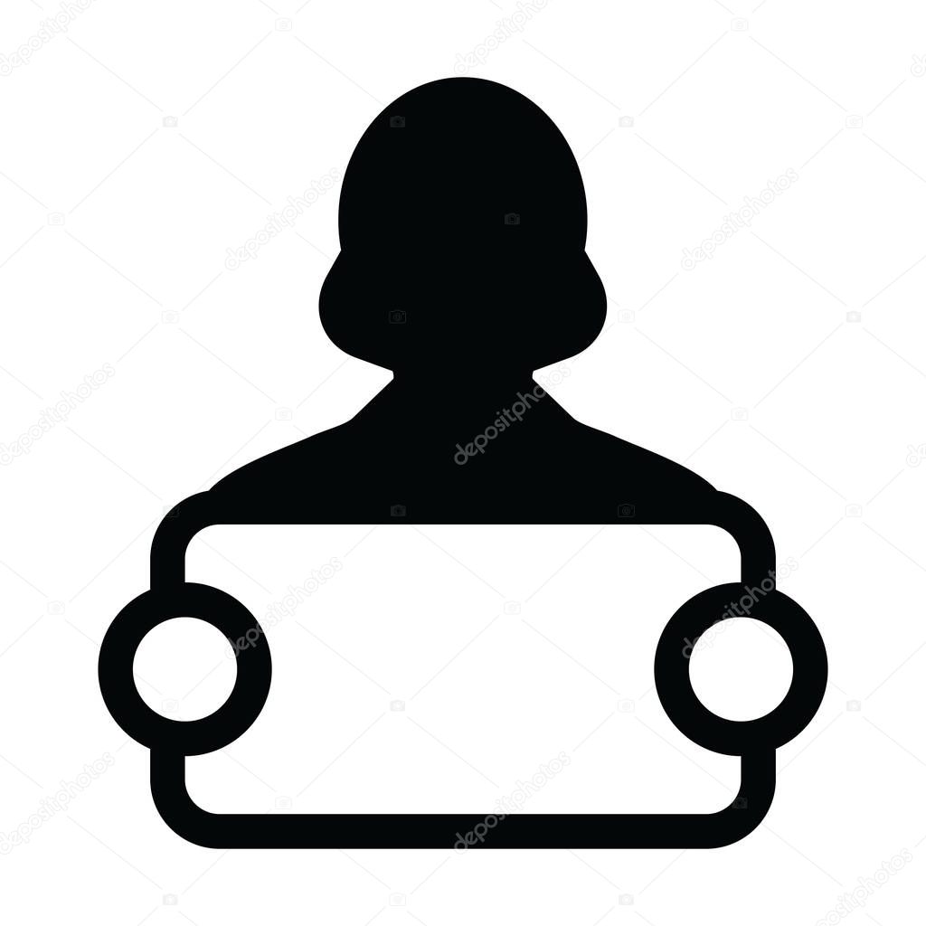 Campaign icon vector female person profile avatar symbol with signboard for advertising in glyph pictogram illustration