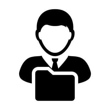Düz renk glif piktogram çizim bilgi depolama için erkek profil avatar klasör sembolü ile veri simgesi vektör