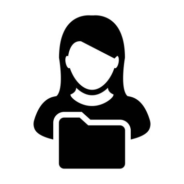Düz renk glif piktogram çizim bilgi veri için kadın kişi profili avatar klasör sembolü ile bilgi simgesi vektör