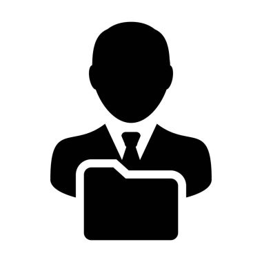 Düz renk glif piktogram çizim veri depolama için erkek profil avatar klasör sembolü ile bilgi simgesi vektör