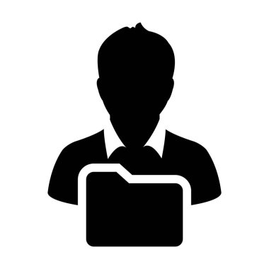 Düz renk glif piktogram çizim bilgi veri için erkek profili avatar klasör sembolü ile dosya simgesi vektör