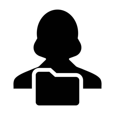 Düz renk glif piktogram çizim bilgi depolama için kadın kişi profili avatar klasör sembolü ile veri simgesi vektör