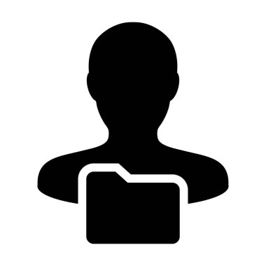 Düz renk glif piktogram çizim bilgi veri için erkek profil avatar klasör sembolü ile mağaza simgesi vektör