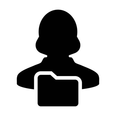 Düz renk glif piktogram çizim veri depolama için kadın kişi profili avatar klasör sembolü ile bilgi simgesi vektör