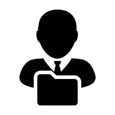 Düz renk glif piktogram çizim bilgi veri için erkek profili avatar klasör sembolü ile dosya simgesi vektör