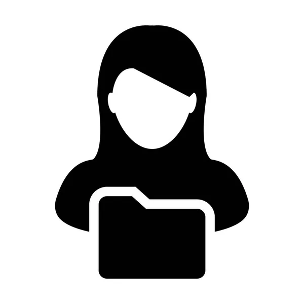 Vettore icona del file con profilo di persona femminile simbolo della cartella avatar per i dati di informazione in illustrazione di pittogrammi glifi a colori piatti — Vettoriale Stock