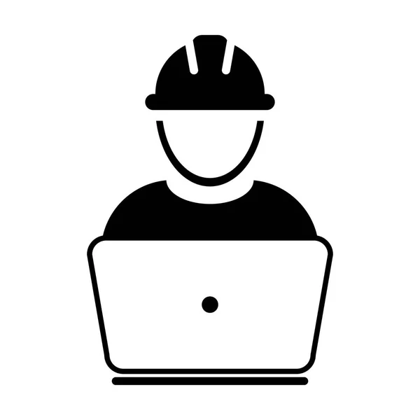 工作者图标向量男性建筑服务人员个人资料头像与笔记本电脑和安全帽头盔在字形象形图的例证 — 图库矢量图片
