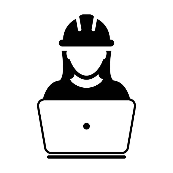 Trabalhador da construção ícone vetor feminino serviço pessoa perfil avatar com laptop e capacete hardhat na ilustração pictograma glifo — Vetor de Stock